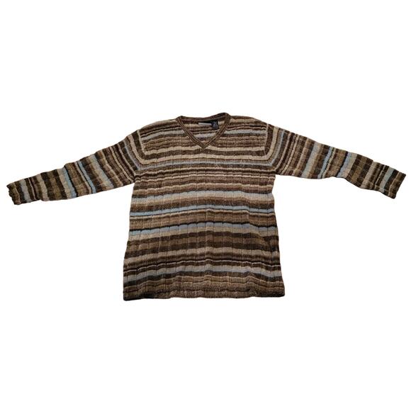 Liz Claiborne Sweater Womens Large Wool Blend Cardigan Striped Taupe - Picture 1 of 8